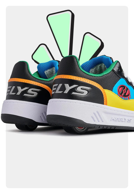 Colorful 1 Wheel Heelys roller shoes with Heelys logo on a white background