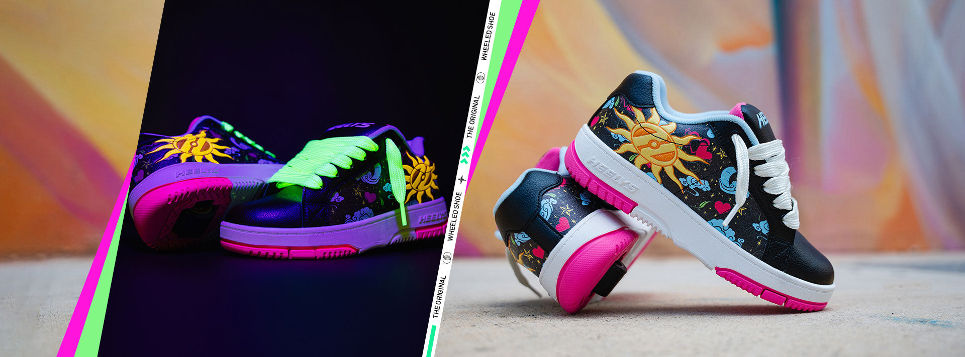 Heelys Roller Shoes with Neon-colored laces and colorful sole design on a gradient background