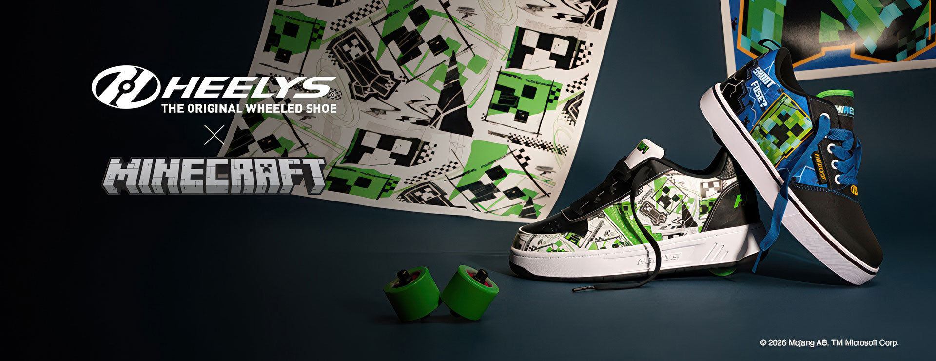 Heelys Minecraft themed wheeled shoes with branding on a dark background